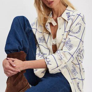 Free People Cream and Blue Patterned Top